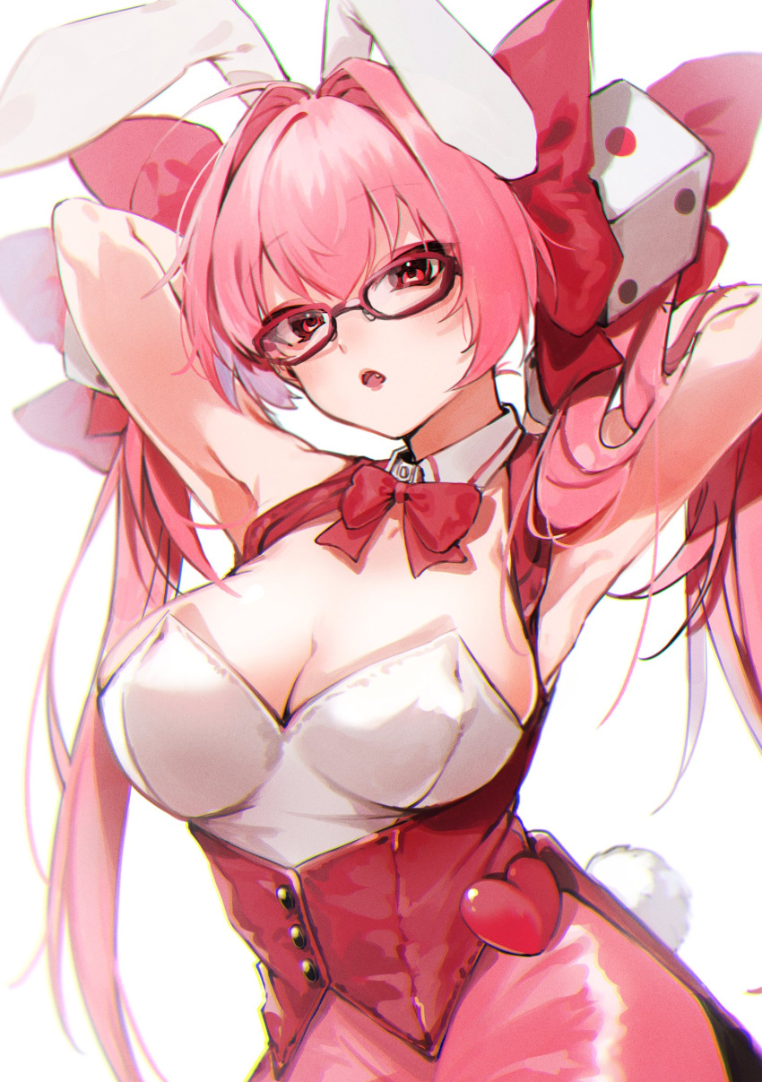 ahoge animal_ears armpits arms_behind_head arms_up blush bow bowtie breasts chromatic_aberration cleavage commentary_request detached_collar di_gi_charat dice_hair_ornament fake_animal_ears female film_grain glasses hair_intakes hair_ornament hairbow highres kanta_(kkk_kan) large_breasts leotard long_hair looking_at_viewer oerba_yun_fang open_mouth pencil_skirt pink-framed_eyewear pink_eyes pink_hair pink_skirt pink_vest playboy_bunny rabbit_ears rabbit_girl rabbit_tail red_bow red_bowtie red_eyes ribbon simple_background skirt solo strapless strapless_leotard tail twintails usada_hikaru vest white_background white_leotard