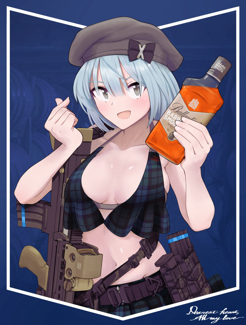 :d absurdres alcohol assault_rifle ballantines_(whiskey) belt black_belt blue_background blue_hair blush bottle breasts bullpup cirno cirno_(cookie) commentary_request cookie_(touhou) cowboy_shot female finger_heart fingernails grey_hat grey_skirt grey_tank_top gun hair_between_eyes hat highres holding holding_bottle looking_at_viewer magazine_(weapon) medium_breasts midriff navel oomiya_(nicoseiga96593860) open_mouth plaid_clothes plaid_skirt plaid_tank_top rifle short_hair skirt smile solo tam_o'_shanter tank_top touhou weapon whiskey