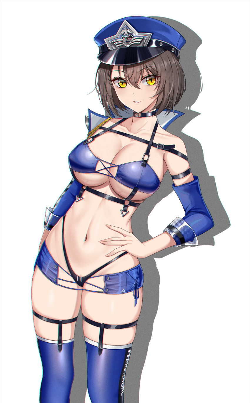 absurdres aiguillette azur_lane baltimore_(azur_lane) baltimore_(finish_line_flagbearer)_(azur_lane) bikini black_bikini black_choker blue_bikini blue_footwear blue_hat blue_jacket blue_shorts blue_sleeves boots braid breasts brown_hair chest_harness choker cleavage collarbone commentary cowboy_shot cropped_jacket detached_sleeves drop_shadow female gloves hair_between_eyes hand_on_own_hip harness hat highleg highleg_bikini highres jacket large_breasts looking_at_viewer micro_shorts mismatched_bikini navel official_alternate_costume parted_lips peaked_cap race_queen shadow short_hair shorts sidelocks simple_background single_bare_shoulder single_detached_sleeve skindentation solo standing stomach swimsuit thigh_boots thigh_strap underboob white_background yellow_eyes zeukiar