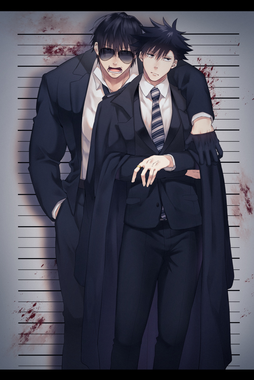 2boys absurdres arm_around_shoulder black_coat black_eyes black_gloves black_hair black_jacket black_pants black_suit blood blood_splatter closed_mouth coat coat_on_shoulders collared_shirt cowboy_shot dress_shirt father_and_son formal_clothes fushiguro_megumi fushiguro_touji gloves grey_necktie hair_between_eyes half_gloves hand_in_pocket highres jacket jujutsu_kaisen letterboxed long_sleeves male_focus multiple_boys necktie open_mouth pants scar scar_on_face shirt short_hair spiked_hair standing suit sunglasses tune_oekk white_shirt