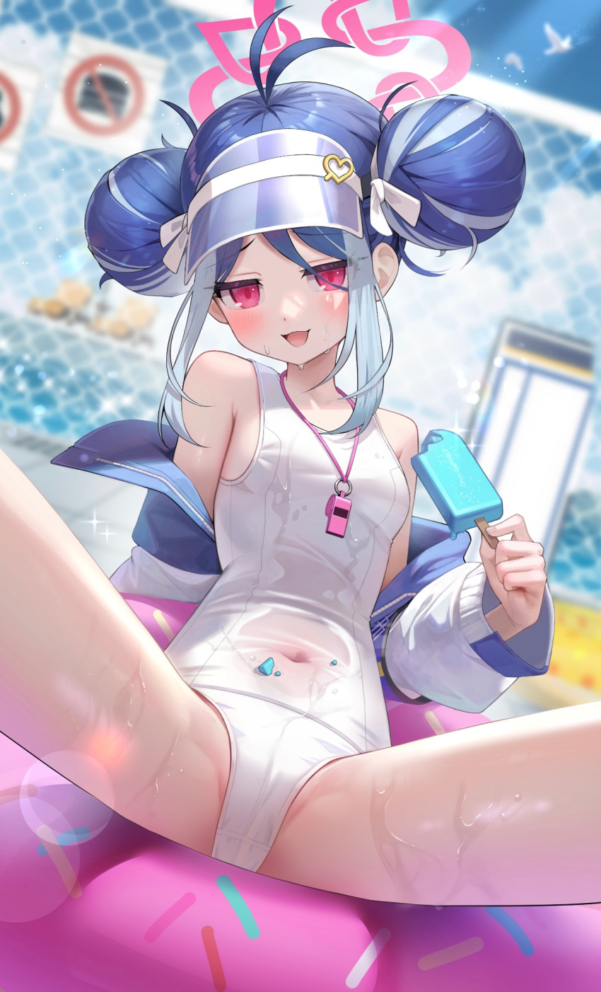 :d antenna_hair bare_shoulders blue_archive blue_hair blue_sky blush breasts chain-link_fence commentary_request covered_navel day dodota double_bun doughnut_innertube female fence food food_on_body fubuki_(blue_archive) fubuki_(swimsuit)_(blue_archive) hair_bun halo highres holding holding_food holding_popsicle innertube jacket long_sleeves looking_at_viewer multicolored_hair off_shoulder official_alternate_costume on_innertube one-piece_swimsuit open_clothes open_jacket open_mouth outdoors pink_eyes pink_halo pool popsicle school_swimsuit short_hair sitting sky small_breasts smile solo spread_legs swim_ring swimsuit visor_cap wet wet_clothes whistle whistle_around_neck white_one-piece_swimsuit