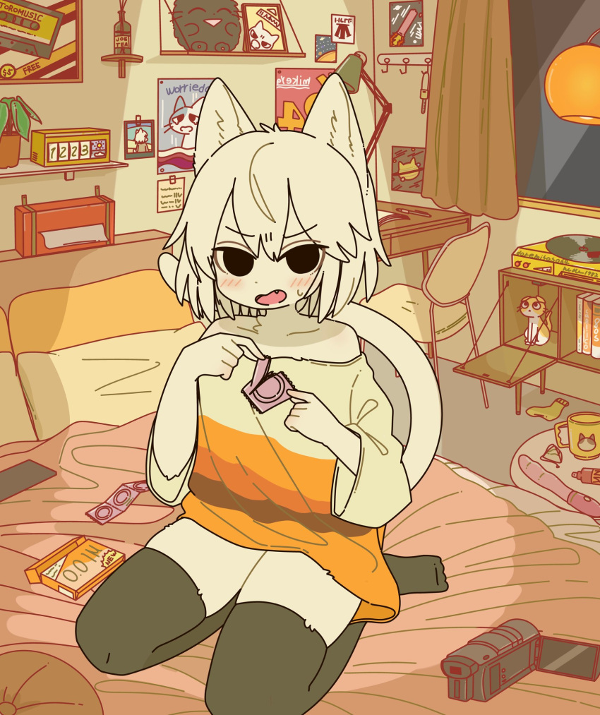 alarm_clock animal_ears bed bedroom black_eyes black_thighhighs blush camcorder cat_ears cat_girl cat_tail chair clock condom condom_packet_strip condom_wrapper cup curtains desk female furry furry_female highres mike_no_hito mug oerba_yun_fang off-shoulder_shirt off_shoulder on_bed open_mouth personification phonograph pillow plant polaroid_photo poster_(object) potted_plant record sex_toy shikaru_neko shirt sitting socks solo striped_clothes striped_shirt sweatdrop table tail thighhighs tissue_box unworn_socks v-shaped_eyebrows video_camera white_hair window