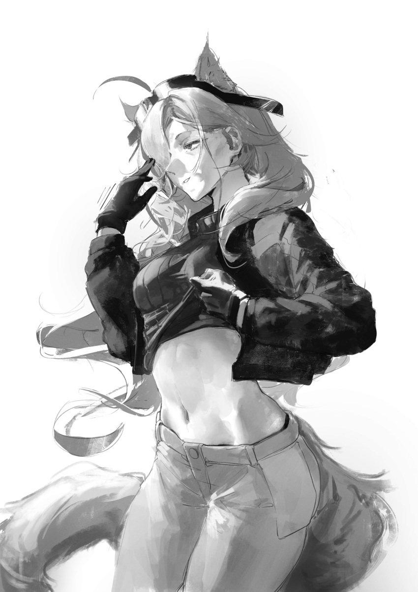 absurdres ahoge animal_ears arknights catherine_(arknights) commentary cowboy_shot english_commentary female gandy_(gan3e46) gloves goggles goggles_on_head greyscale hair_over_one_eye highres jacket long_hair long_sleeves looking_to_the_side monochrome old old_woman pants simple_background solo stomach sweater tail white_background