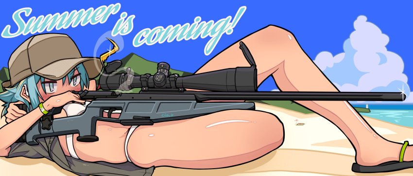 absurdres baseball_cap beach bikini black_footwear blue_eyes blue_hair blue_sky blush brown_hat cirno cirno_(cookie) cloud commentary_request cookie_(touhou) day female full_body glint gun hat highres lying on_back oomiya_(nicoseiga96593860) outdoors rifle sandals short_hair sky sniper_rifle solo swimsuit touhou weapon white_bikini