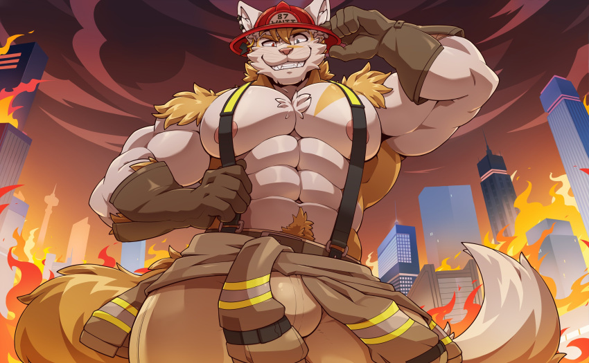 2024 5_fingers abs absurd_res anthro areola arm_tuft armor belt belt_buckle biceps big_biceps big_bulge big_muscles big_nipples big_tail biped black_suspenders blonde_eyebrows blonde_hair blonde_markings blonde_pubes bottomwear buckle building bulge chest_tuft city clothes_around_waist clothing digital_drawing_(artwork) digital_media_(artwork) dipstick_tail domestic_cat ear_piercing ear_ring eyebrows facial_markings felid feline felis fingers fire firefighter firefighter_gloves firefighter_helmet firefighter_uniform gloves hair handwear head_markings headgear helmet heterochromia hi_res huge_tail humanoid_hands inner_ear_fluff male mammal markings monotone_bottomwear monotone_clothing monotone_headgear monotone_helmet monotone_pants multicolored_clothing multicolored_topwear muscular muscular_anthro muscular_arms muscular_male myiko navel nipples number pants piercing pink_areola pink_nipples pink_nose pubes red_headgear red_helmet red_sky ring_piercing shoulder_tuft sky smile smiling_at_viewer solo standing star_piercing suspenders suspenders_on_nipples suspenders_pull tail tail_markings tan_bottomwear tan_clothing tan_pants tan_topwear text thick_arms topwear topwear_around_waist tuft two_tone_clothing two_tone_face two_tone_neck two_tone_tail two_tone_topwear uniform waltt whiskers white_arms white_chest white_ears white_face white_inner_ear_fluff white_neck white_tail white_tail_tip white_tuft yellow_clothing yellow_face yellow_markings yellow_neck yellow_piercing yellow_suspenders yellow_tail yellow_topwear yellow_tuft