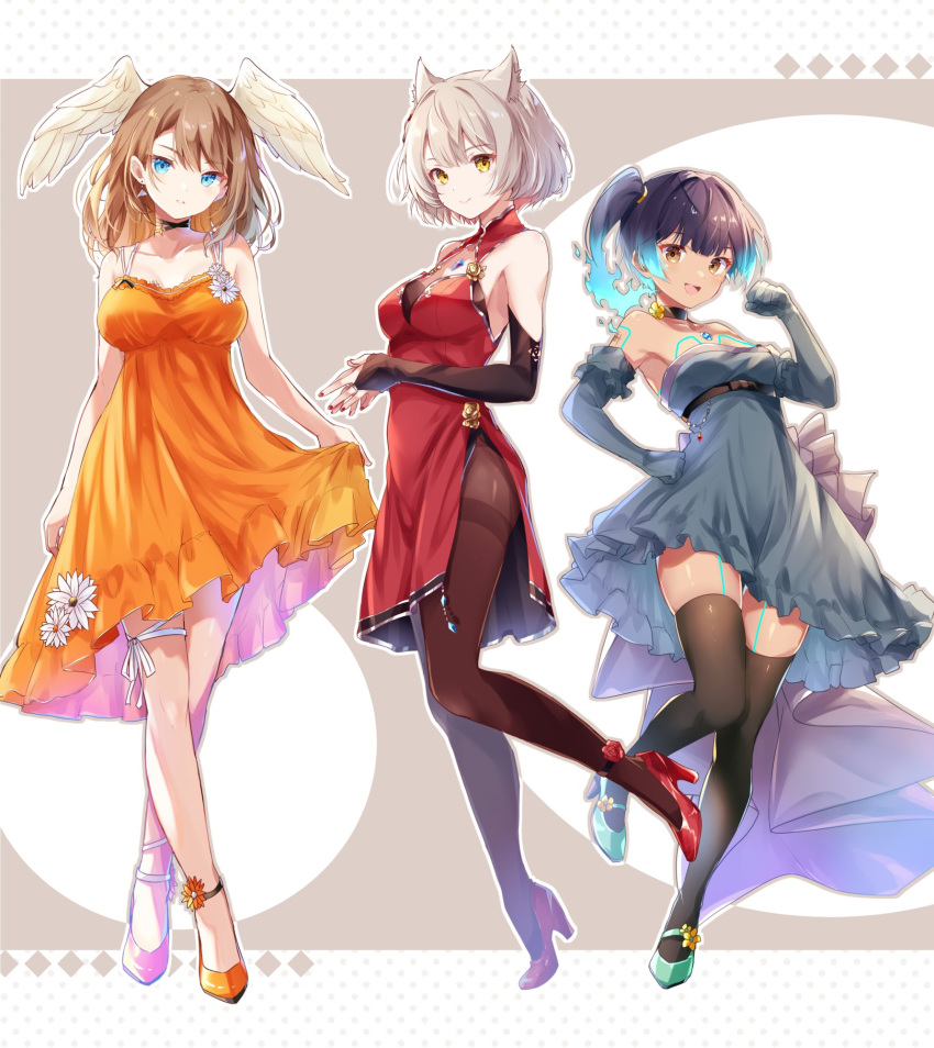 3girls alternate_costume animal_ears black_hair black_pantyhose black_thighhighs blue_dress blue_hair body_markings brown_hair cat_ears cat_girl dark-skinned_female dark_skin dress eunie_(xenoblade) feathered_wings full_body green_footwear grey_hair head_wings high_heels highres medium_hair mio_(xenoblade) multicolored_hair multiple_girls orange_dress orange_footwear pantyhose red_dress red_footwear sena_(xenoblade) side_ponytail strapless strapless_dress thighhighs two-tone_hair ui_frara wings xenoblade_chronicles_(series) xenoblade_chronicles_3 yellow_eyes