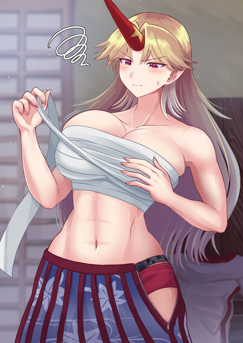 absurdres blonde_hair blue_skirt blurry blurry_background blush breasts chest_sarashi cleavage closed_mouth commentary_request cowboy_shot dressing elaphe_guttata6 female frown frustrated highres horns hoshiguma_yuugi indoors large_breasts long_hair looking_down navel panties parted_bangs pointy_ears red_eyes red_horns red_panties red_skirt sarashi sarashi_pull shirt shouji single_horn skirt sliding_doors solo squiggle star_(symbol) striped_clothes striped_skirt t-shirt touhou underwear unworn_shirt white_shirt