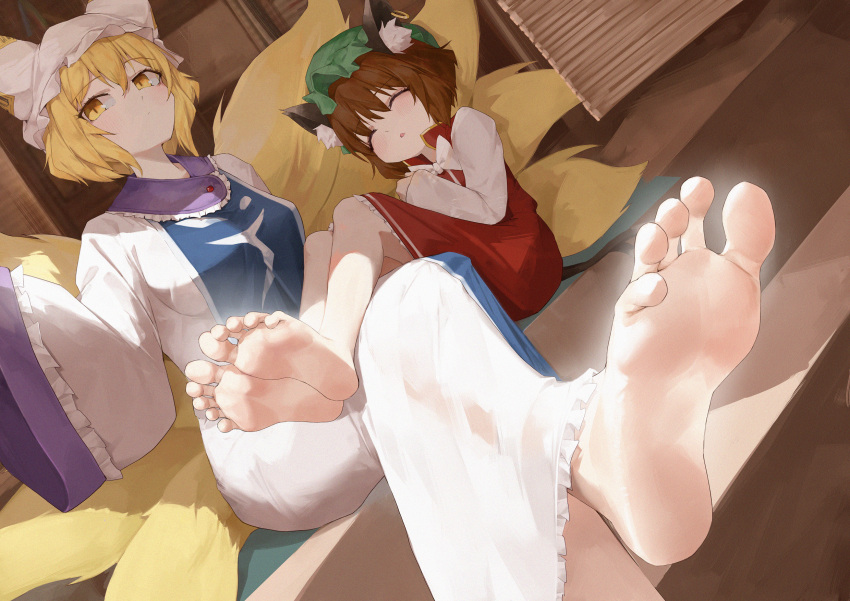 2girls :o animal_ear_fluff animal_ears barefoot blush brown_hair cat_ears cat_tail chen closed_eyes commentary_request dress feet foot_focus fox_tail highres long_sleeves looking_at_viewer multiple_girls multiple_tails oshin0_(zheng) red_dress short_hair sleeping soles tail toes touhou two_tails wide_sleeves yakumo_ran yellow_eyes