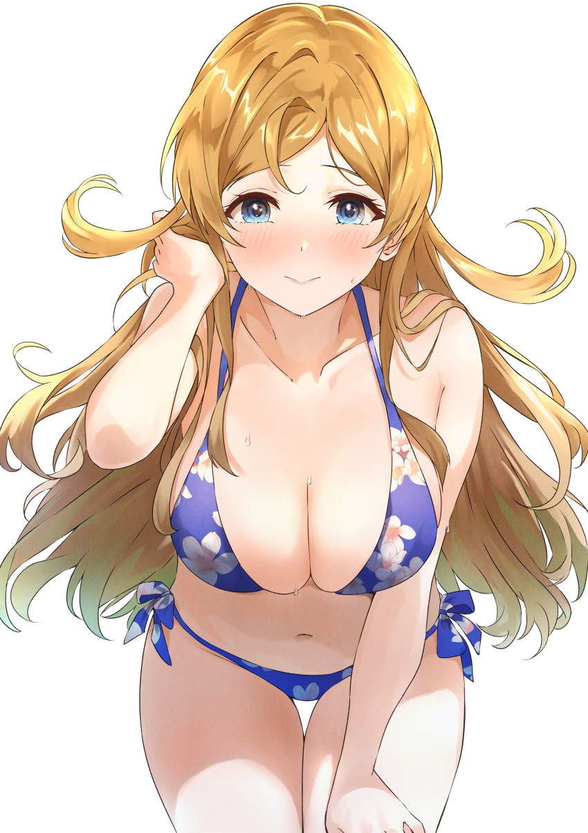 absurdres ahoge armpits b1ack_illust bikini blonde_hair blue_bikini blue_eyes blush breasts cleavage closed_mouth collarbone cowboy_shot dot_nose eyelashes female floral_print_bikini hand_in_own_hair hand_on_own_thigh highres idolmaster idolmaster_million_live! idolmaster_million_live!_theater_days large_breasts leaning_forward long_hair looking_at_viewer navel parted_bangs shinomiya_karen side-tie_bikini_bottom sidelocks simple_background skindentation solo sweat swimsuit very_long_hair white_background