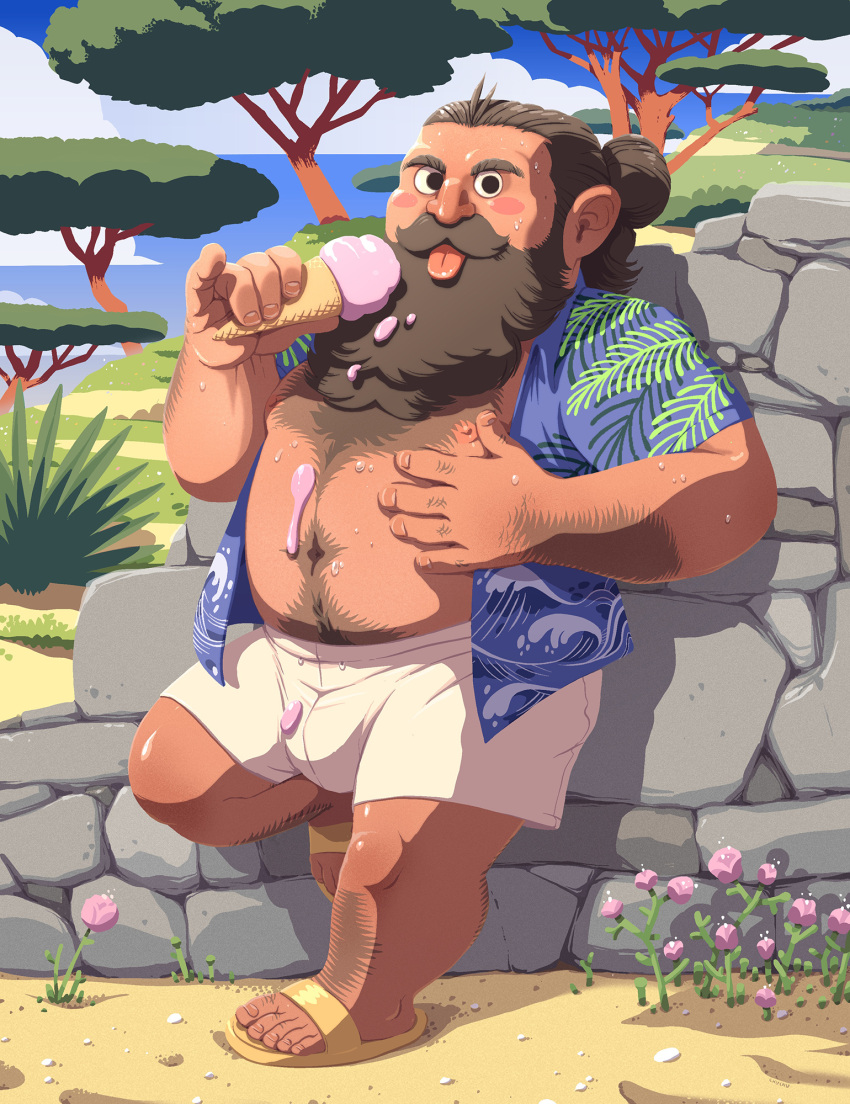 1boy :p against_wall bara beard belly blush_stickers bulge chuchugelee day dungeon_meshi dwarf facial_hair food food_on_body food_on_clothes hairy hawaiian_shirt highres holding holding_food holding_ice_cream ice_cream knuckle_hair licking long_beard male_focus melting moustache official_alternate_costume open_clothes open_shirt plump senshi_(dungeon_meshi) shirt shorts solo summer sunlight sweat thick_arm_hair thick_chest_hair thick_leg_hair thick_mustache thick_navel_hair tongue tongue_out