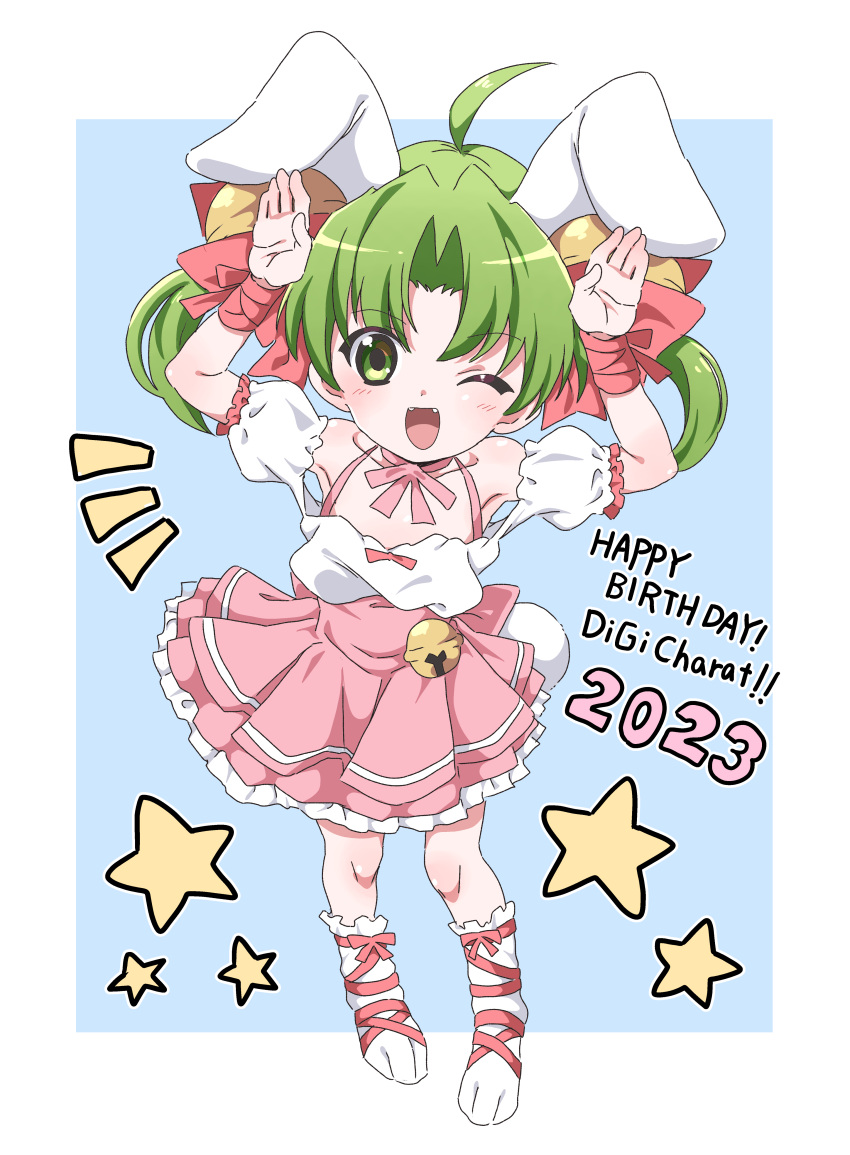 2023 ;d absurdres ahoge alternate_hairstyle animal_ears arms_up bare_shoulders bell blush bow character_name choker collarbone commentary_request cosplay dated dejiko di_gi_charat fangs female flat_chest footwear_ribbon fujiwara_tatsuroo full_body green_eyes green_hair hair_bell hair_ornament hairbow happy_birthday high-waist_skirt highres jingle_bell looking_at_viewer medium_hair notice_lines one_eye_closed open_mouth parted_bangs paw_shoes petticoat pink_ribbon pink_skirt rabbit_ears rabbit_girl rabbit_pose rabbit_tail red_bow red_ribbon ribbon ribbon_choker shirt shirt_bow short_sleeves short_twintails skirt smile solo star_(symbol) tail twintails usada_hikaru usada_hikaru_(cosplay) white_footwear white_shirt wrist_ribbon