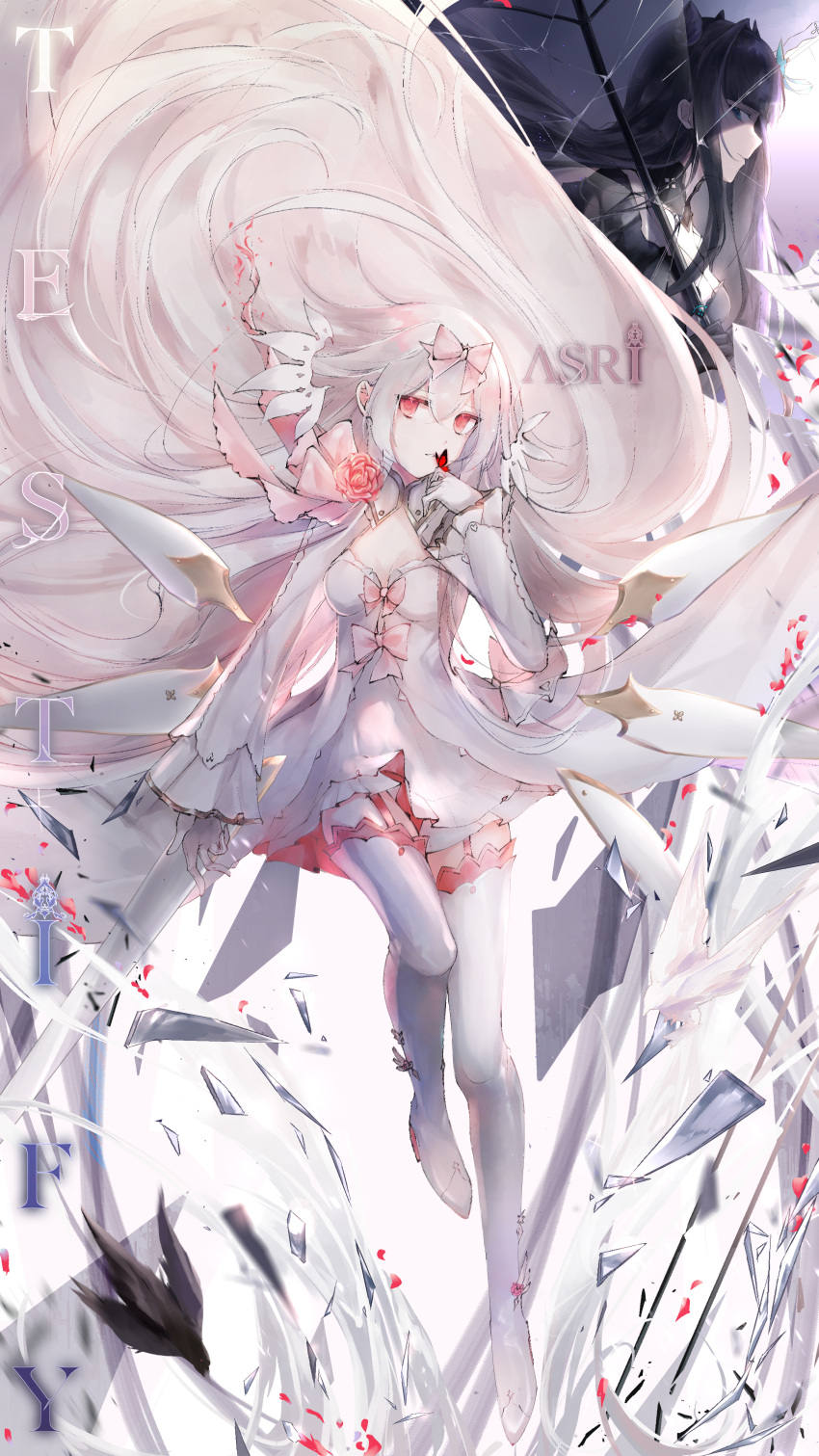 2girls absurdres arcaea bow breasts cleavage dress flipped_hair flower glass gloves highres hikari_(arcaea) hikari_(fatalis)_(arcaea) long_sleeves medium_breasts multiple_girls pink_bow pink_eyes pink_flower pink_hair pink_rose rose sidelocks solo tairitsu_(arcaea) tairitsu_(tempest)_(arcaea) thighhighs user_zwna2477 white_dress white_gloves white_thighhighs wide_sleeves