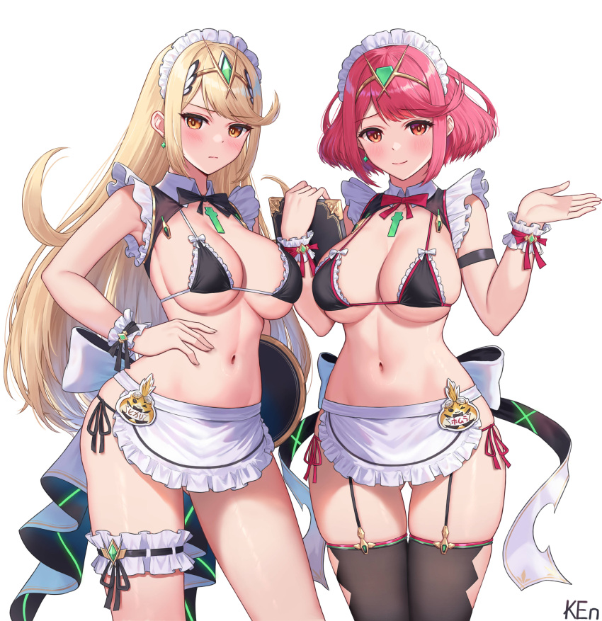 2girls absurdres alternate_costume apron arm_strap armpits ass_visible_through_thighs bare_shoulders bikini black_bikini black_thighhighs blonde_hair bow bowtie breasts bridal_garter circlet cleavage closed_mouth contrapposto cowboy_shot frilled_bikini frills frown garter_straps hand_on_own_hip hand_up highres holding ken-san large_breasts long_hair looking_at_viewer maid maid_apron maid_bikini maid_headdress multiple_girls mythra_(xenoblade) navel orange_eyes pyra_(xenoblade) red_eyes red_hair scrunchie short_hair side-tie_bikini_bottom skindentation smile stomach string_bikini swept_bangs swimsuit thighhighs thighs unconventional_maid very_long_hair waist_apron wing_collar wrist_scrunchie xenoblade_chronicles_(series) xenoblade_chronicles_2