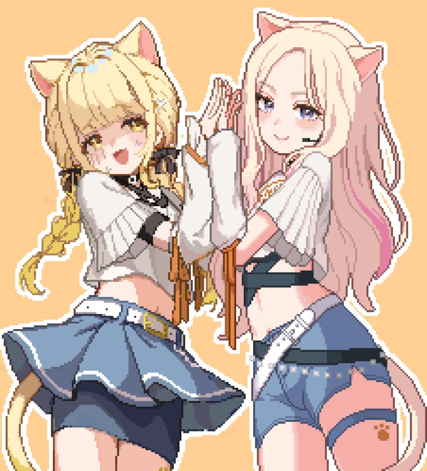 2girls animal_ears artist_collaboration belt belt_collar black_belt black_ribbon blonde_hair blue_shorts blue_skirt blush bow braid cat_ears cat_tail closed_mouth collar cowboy_shot cropped_shirt fake_animal_ears fake_tail footprints fujita_kotone furrowed_brow gakuen_idolmaster hair_ornament hair_ribbon hair_tie hairbow hairclip hands_up haniwa_(watm9mlz3vv3qep) headset high_five highres idolmaster juo_sena long_hair looking_at_viewer midriff multicolored_hair multiple_girls navel open_mouth orange_background parted_bangs pencil_skirt pink_hair pixel_art pleated_skirt purple_eyes ribbon shaded_face shiro_wa_(shiroshironix) shirt short_sleeves shorts simple_background skirt smile standing streaked_hair sweatdrop tail thigh_strap twin_braids white_arm_warmers white_belt white_shirt yellow_eyes