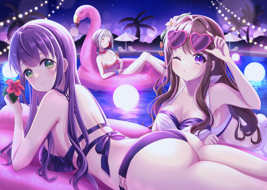 3girls absurdres alternate_costume ass back bikini blurry blush bob_cut bokeh breasts brown_hair cleavage closed_eyes closed_mouth colored_inner_hair commentary cowboy_shot depth_of_field diagonal_bangs eyewear_on_head flamingo_raft flower fujishima_megumi green_eyes grey_hair hair_intakes halterneck hibiscus highres holding holding_flower inflatable_raft inverted_bob large_breasts link!_like!_love_live! long_hair love_live! lying multicolored_hair multiple_girls night night_sky no_jacket on_raft on_stomach one_eye_closed otomune_kozue palm_tree parted_lips pink-framed_eyewear plumeria pool purple-tinted_eyewear purple_bikini purple_eyes purple_hair red_hair ritaso short_hair sidelocks sky streaked_hair sunglasses swimsuit tinted_eyewear tree virtual_youtuber white_bikini yugiri_tsuzuri