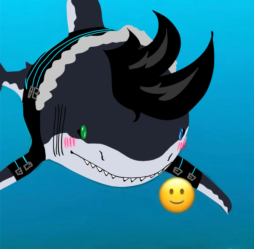 anthro black_hair blue_eyes blush clothing feral fish great_white_shark green_eyes hair hi_res looking_at_viewer mackerel_shark male marine meme realta realta22 redraw shark sharp_teeth smile smiley_face solo swimming teeth water white_shark