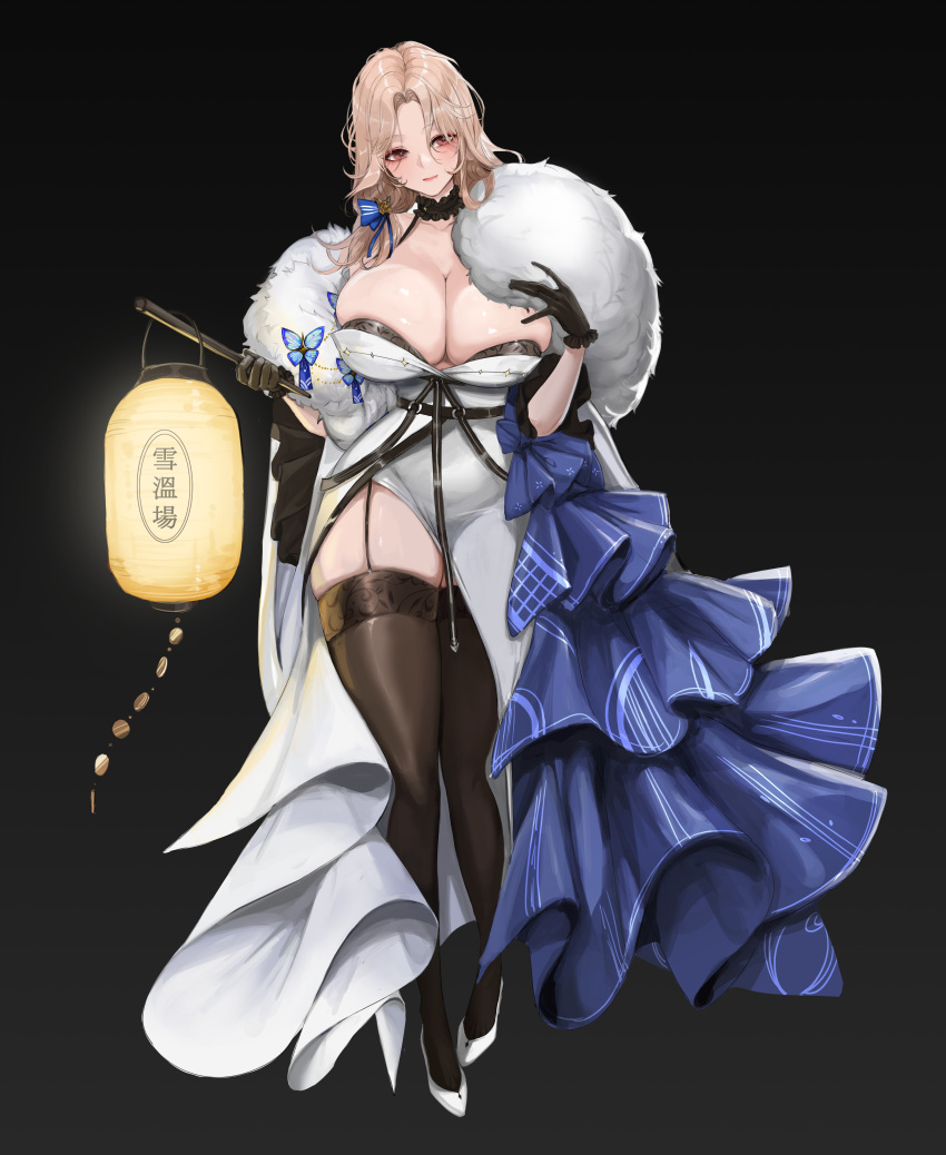 absurdres bare_shoulders black_background black_garter_straps black_thighhighs blonde_hair blue_butterfly blue_ribbon blush breasts bug butterfly butterfly_ornament choker cleavage collarbone female frilled_choker frills full_body fur-trimmed_kimono fur_trim garter_straps gloves goddess_of_victory:_nikke goo_bbue hair_over_shoulder high_heels highres holding holding_lantern japanese_clothes kimono lantern large_breasts long_hair ludmilla_(nikke) ludmilla_(winter_owner)_(nikke) official_alternate_costume onsen parted_bangs ribbon skindentation solo striped_ribbon thighhighs thighs white_kimono