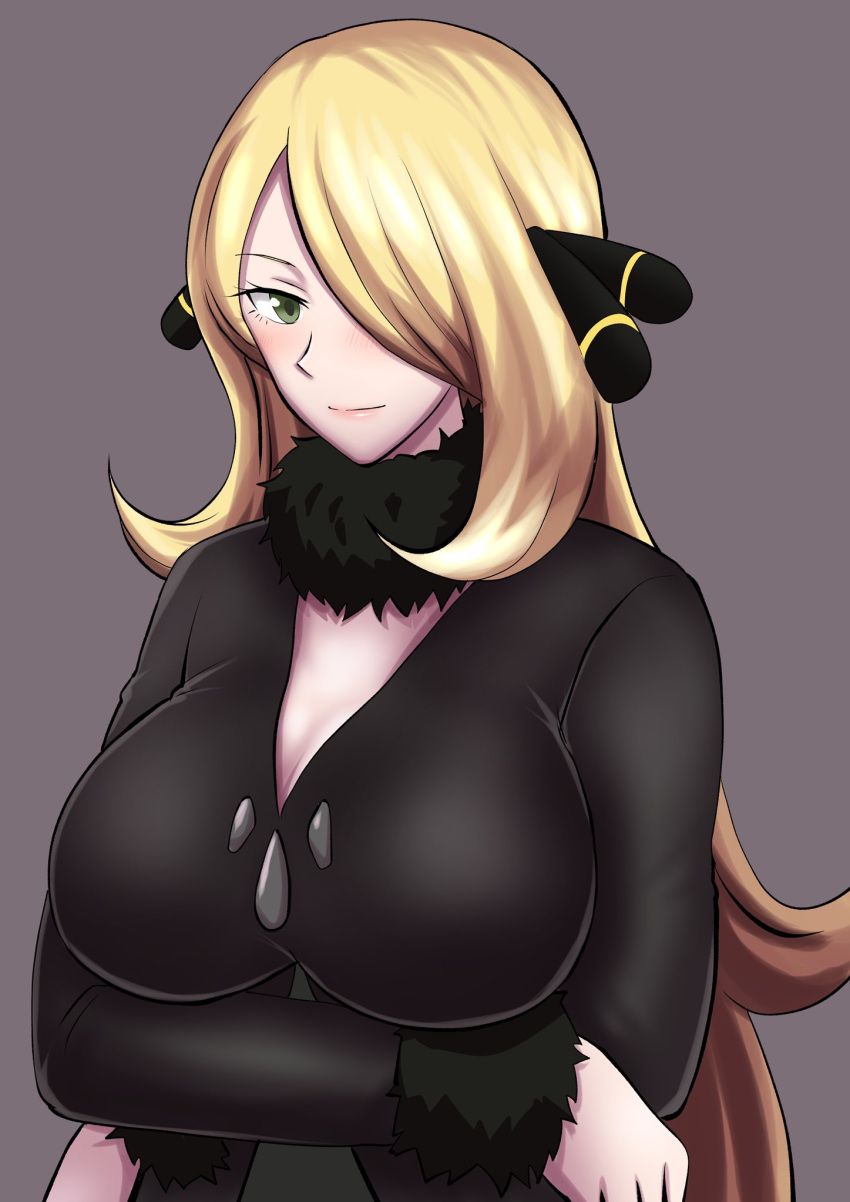 alternate_breast_size blonde_hair breasts cleavage commentary_request crossed_arms cynthia_(pokemon) female fur-trimmed_sleeves fur_trim green_eyes grey_background hair_over_one_eye highres large_breasts lips pokemon pokemon_dppt protohotel solo upper_body