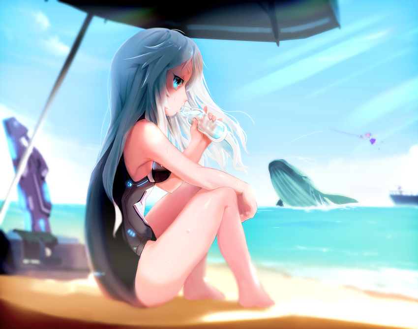 bare_shoulders beach black_heart_(neptunia) blue_eyes breasts commentary_request day drinking female highres long_hair nepgear neptune_(neptunia) neptune_(series) ocean outdoors segamark sitting small_breasts sword symbol-shaped_pupils umbrella very_long_hair weapon whale white_hair