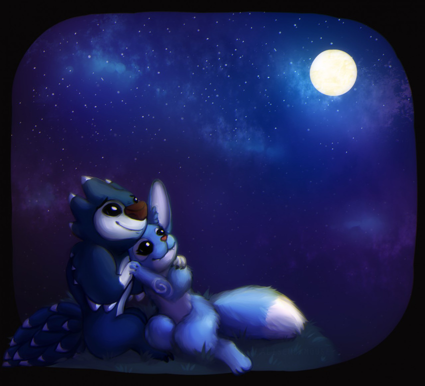 2017 3_toes alien alisenokmouse anthro arm_around_shoulder better_version_at_source black_eyes blue_body blue_fur disney experiment_(lilo_and_stitch) fan_character feet female full_moon fur hand_holding happy lilo_and_stitch love male male/female moon night nully outside romantic romantic_ambiance sitting smile spike_(lilo_and_stitch) star star_gazing toes