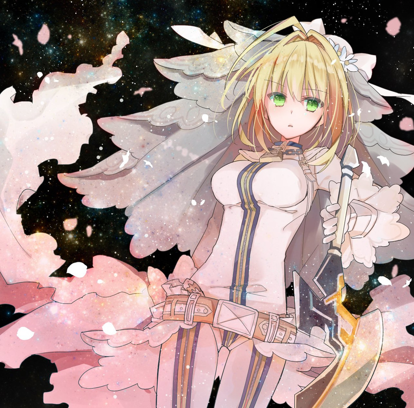 belt blonde_hair bodysuit breasts bridal_veil commentary_request fate/extra fate/extra_ccc fate_(series) female gloves green_eyes hair_intakes highres holding holding_sword holding_weapon looking_at_viewer medium_breasts mom_29_mom nero_claudius_(bride)_(fate) nero_claudius_(fate) parted_lips solo space sword veil weapon white_gloves