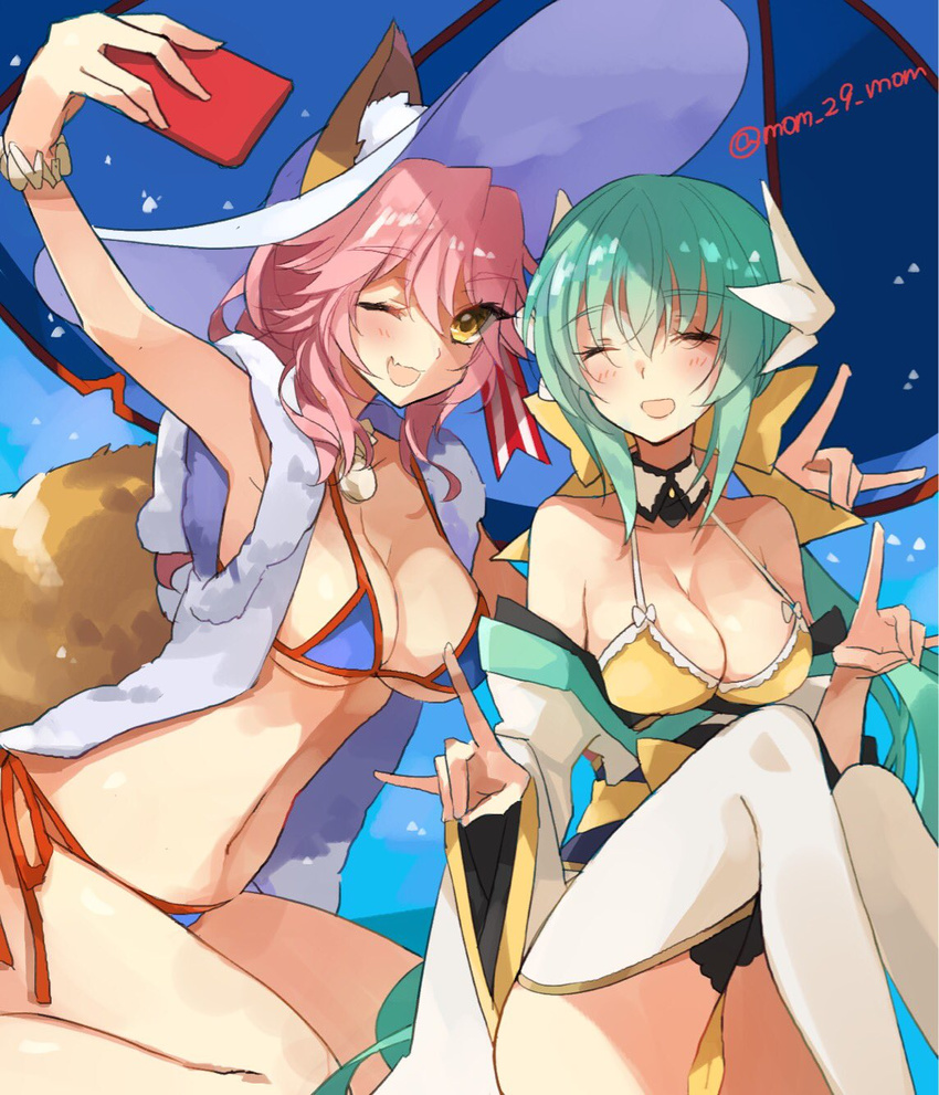 2girls ;d \m/ ^_^ animal_ears aqua_hair ass bikini blue_bikini breasts cellphone cleavage closed_eyes commentary_request ears_through_headwear fate/grand_order fate_(series) fox_ears highres horns kiyohime_(fate) kiyohime_(swimsuit_lancer)_(fate) kiyohime_(swimsuit_lancer)_(first_ascension)_(fate) large_breasts long_hair medium_breasts mom_29_mom multiple_girls navel one_eye_closed open_mouth parasol phone pink_hair sitting smartphone smile swimsuit tamamo_(fate) tamamo_no_mae_(swimsuit_lancer)_(fate) tamamo_no_mae_(swimsuit_lancer)_(third_ascension)_(fate) thighhighs umbrella white_legwear yellow_bikini yellow_eyes