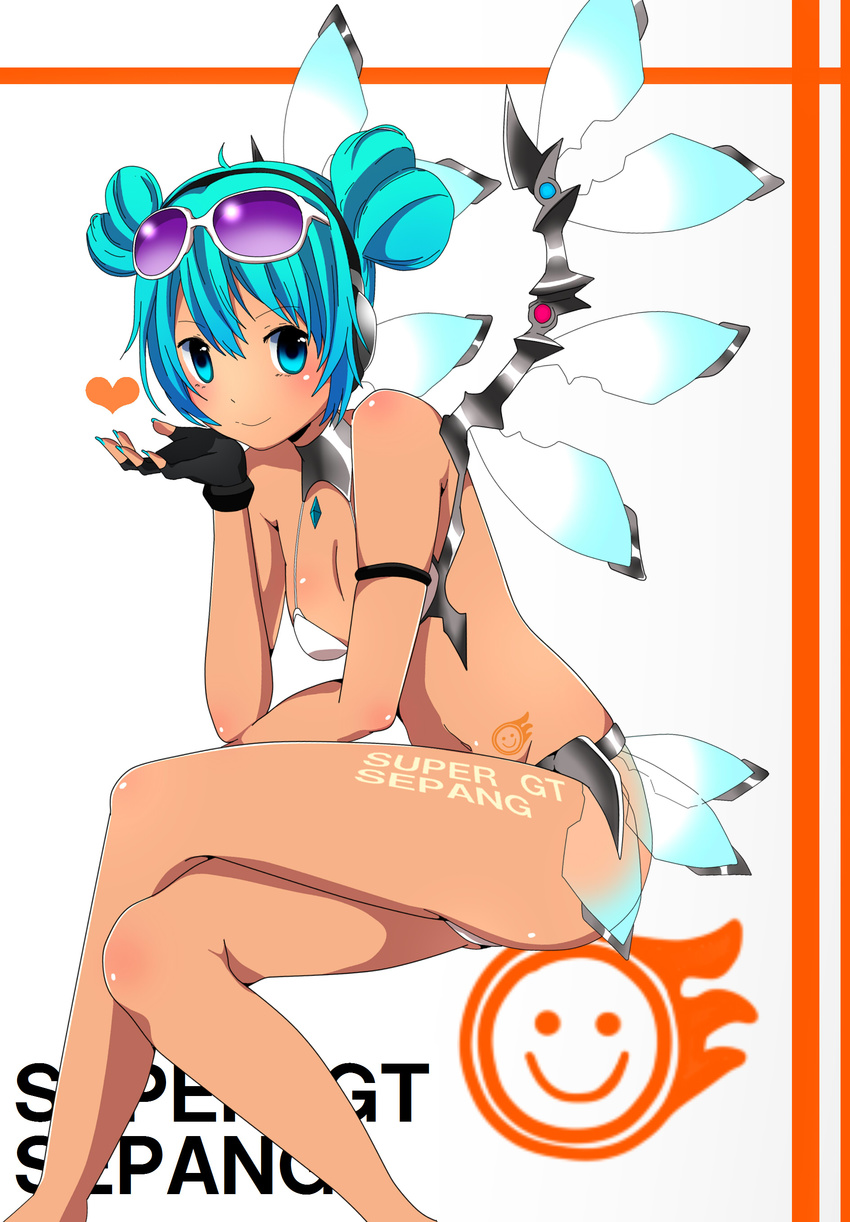 absurdres akabuchi_megane aqua_eyes aqua_hair bad_id bad_pixiv_id bare_shoulders bikini crossed_legs dark_skin double_bun eyewear_on_head female fingerless_gloves gloves goggles goggles_on_head goodsmile_company goodsmile_racing hair_bun hatsune_miku headphones heart_hair_bun highres looking_at_viewer mechanical_wings nail_polish navel race_queen racing_miku racing_miku_(2013) racing_miku_(2013_sepang_ver.) sitting solo stomach sunglasses swimsuit tan transparent_wings vocaloid white_background wings