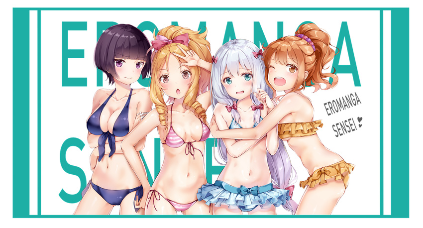 4girls bikini bikini_skirt black_hair blonde_hair blue_bikini blue_eyes blunt_bangs bow breasts brown_eyes cleavage commentary_request copyright_name cowboy_shot crossed_arms eromanga_sensei frilled_bikini frills front-tie_top grey_hair hairbow highres hug izumi_sagiri jinno_megumi long_hair looking_at_viewer medium_breasts multiple_girls orange_eyes orange_hair pink_bikini pink_bow ponytail purple_eyes red_bow ringlets senju_muramasa short_hair side-tie_bikini_bottom small_breasts standing striped_bikini striped_clothes swimsuit yamada_elf yellow_bikini yoshida_iyo