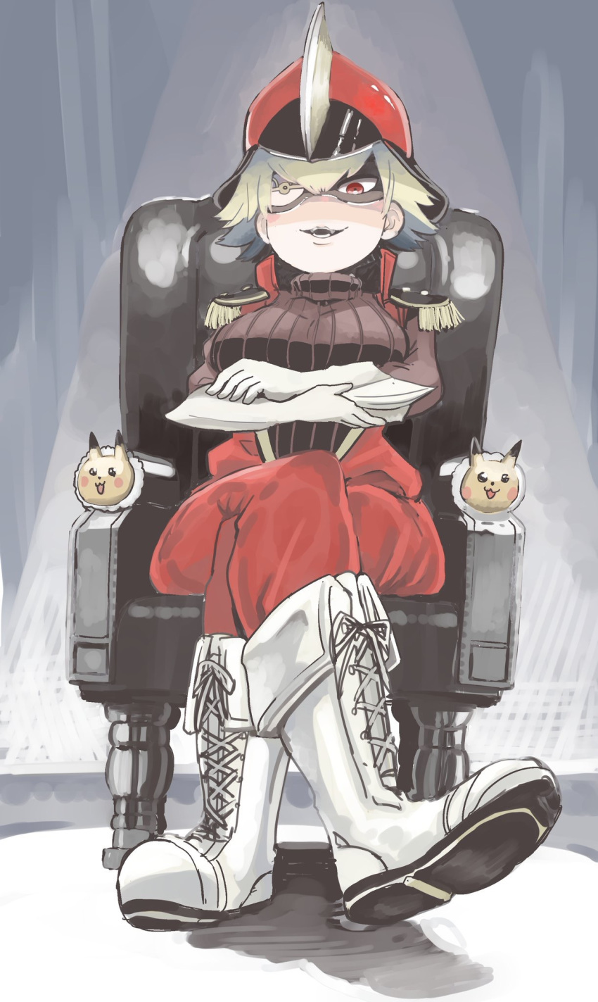 armchair bad_id bad_pixiv_id bisharp blonde_hair boots chair crossed_arms crossed_legs eyepatch female foreshortening gloves hare_(tetterutei) hat highres looking_at_viewer pants parted_lips personification pikachu pokemon red_eyes red_pants ribbed_sweater short_hair sitting smile solo sweater white_footwear white_gloves