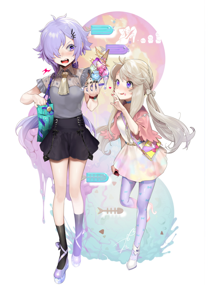 2girls :q ^^^ absurdres ascot bad_id bad_pixiv_id bag black_footwear black_nails black_skirt blonde_hair blue_choker capelet choker fingernails food food_on_face grey_shirt hair_ornament hair_over_one_eye hairclip handbag herme_(ohisashiburi) high-waist_skirt highres holding holding_food ice_cream long_hair multiple_girls nail_polish ohisashiburi open_mouth original pantyhose popsicle purple_eyes purple_footwear purple_hair_girl_(ohisashiburi) purple_legwear shirt shoes shoulder_bag skirt smile standing standing_on_one_leg tongue tongue_out twintails walking wristband yellow_ascot