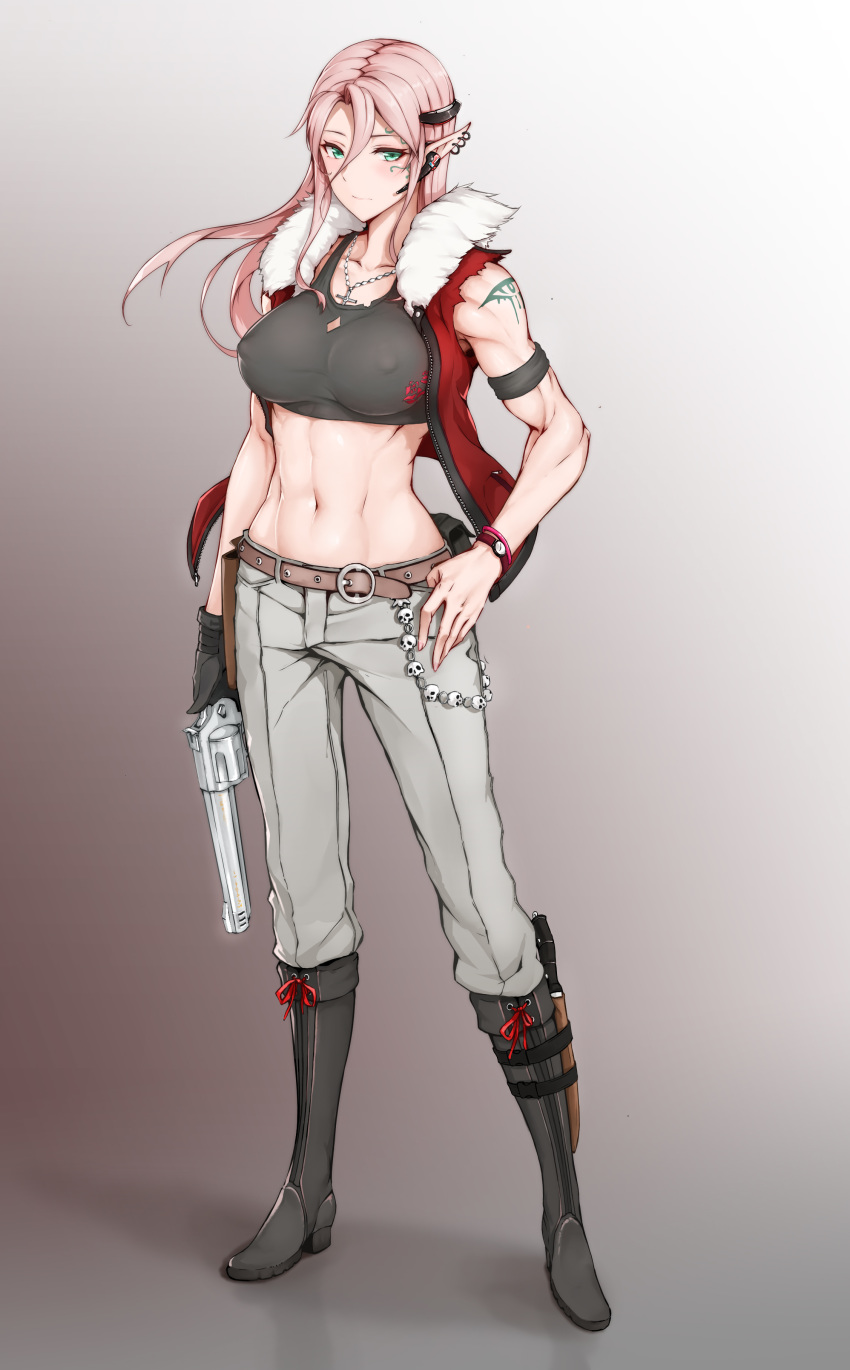 abs absurdres armband bad_id bad_pixiv_id belt black_gloves blush boots breasts closed_mouth covered_nipples cross cross_necklace dagger ear_piercing earbuds earphones female fingernails full_body fur_trim gloves green_eyes grey_footwear grey_hair grey_pants gun hair_between_eyes handgun highres holding holding_gun holding_weapon holster jacket jewelry knee_boots knife large_breasts laserflip legs_apart light_smile long_hair looking_at_viewer microphone midriff navel necklace open_clothes open_jacket original pants photoshop_(medium) piercing pink_hair pointy_ears pouch red_jacket reflective_floor revolver scabbard sheath shoulder_tattoo single_glove sleeveless sleeveless_jacket smile solo tattoo thumb_in_pocket toned torn_clothes torn_sleeves watch weapon wristband wristwatch