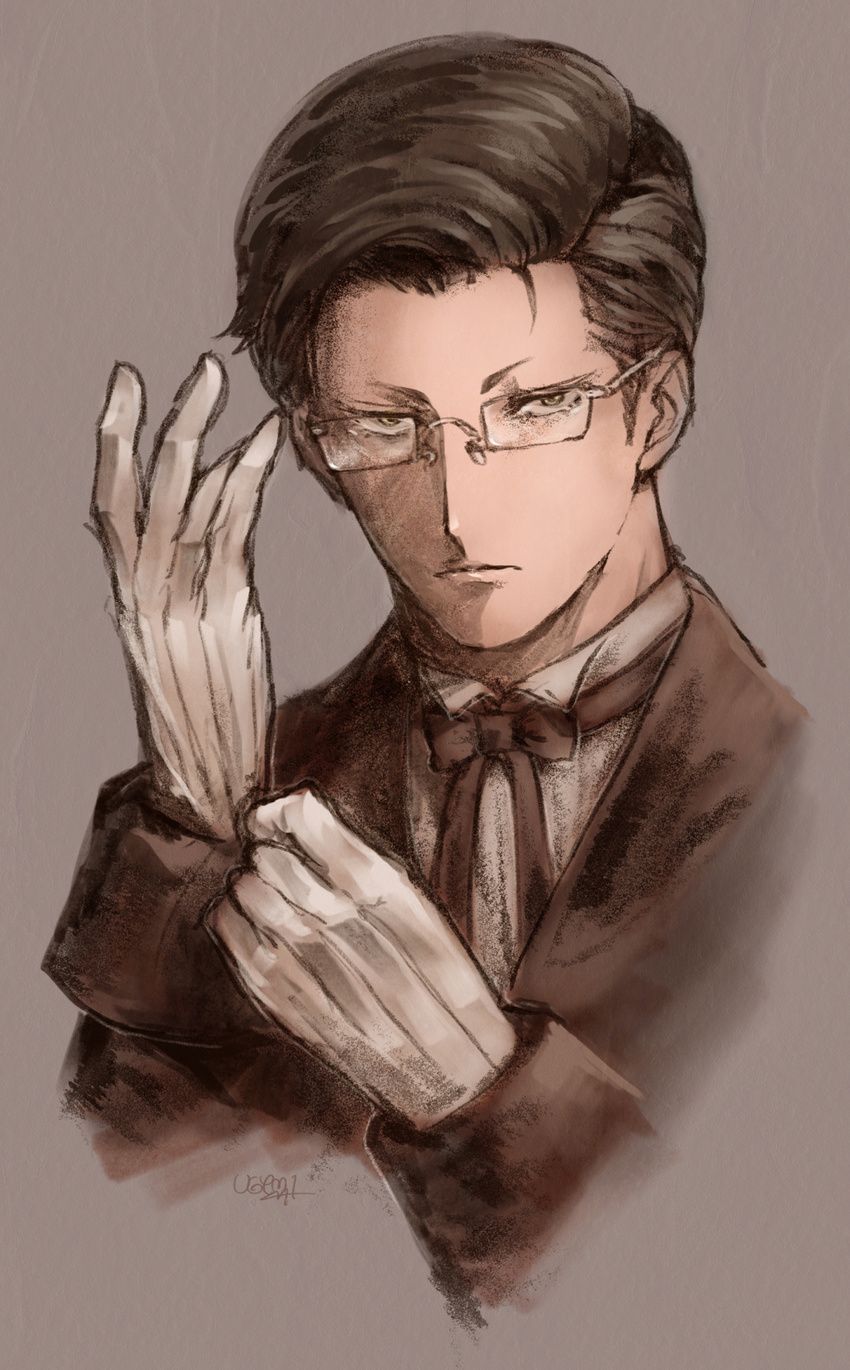 artist_name bad_id bad_tumblr_id black_hair bow bowtie food_fighter_441 glasses gloves grey_background hein_(kof) highres male_focus portrait simple_background solo the_king_of_fighters the_king_of_fighters_xiv traditional_media yellow_eyes