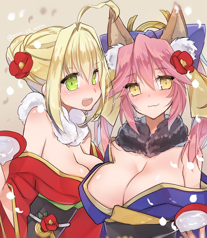 2girls :3 :d alcohol animal_ears bare_shoulders blonde_hair blush breasts cleavage commentary_request cup fate/extra fate_(series) fox_ears fur green_eyes hair_bun highres huge_breasts japanese_clothes kimono long_hair looking_at_viewer medium_breasts mom_29_mom multiple_girls nero_claudius_(fate) nero_claudius_(fate/extra) open_mouth petals pink_hair sakazuki sake single_hair_bun smile tamamo_(fate) tamamo_no_mae_(fate/extra) teeth yellow_eyes