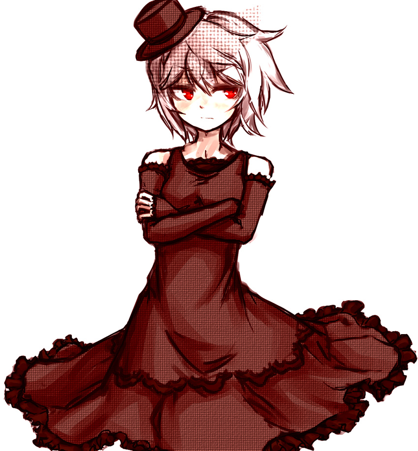 .flow bare_shoulders blush commentary_request crossed_arms detached_sleeves dress female hat highres kumauwo looking_away mini_hat mini_top_hat red_eyes sabitsuki short_hair simple_background skirt sleeves_past_wrists solo top_hat white_background white_hair