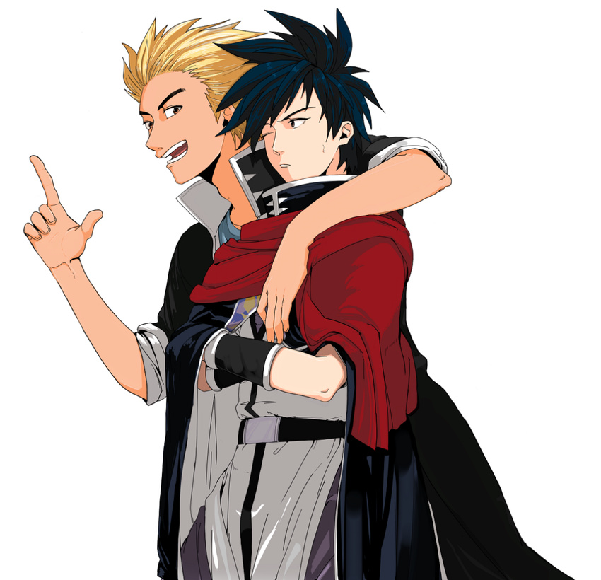 2boys 2men arm_around_shoulder arm_over_shoulder beet_the_vandel_buster belt black_hair blonde_hair cape crossed_arms jacket laio male_focus multiple_boys spiked_hair spikey_hair tunic zenon_(beet_the_vandel_buster)