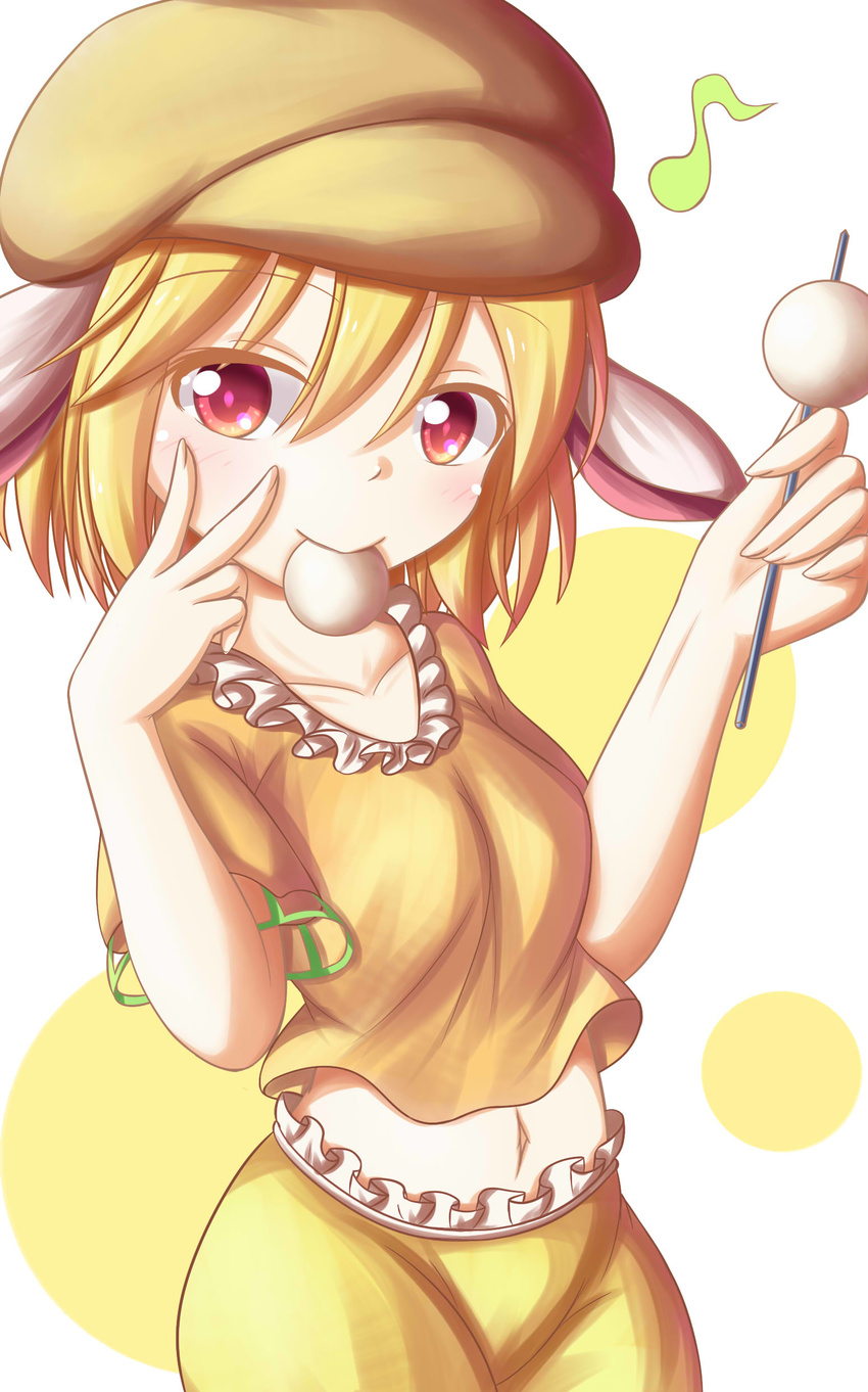 absurdres animal_ears bad_id bad_pixiv_id collarbone commentary cowboy_shot crop_top dango dior-zi eighth_note female fingers_to_cheek flat_cap floppy_ears food food_in_mouth hat highres midriff musical_note navel orange_shirt polka_dot polka_dot_background rabbit_ears red_eyes ringo_(touhou) shirt short_sleeves simple_background skewer smile solo touhou v wagashi