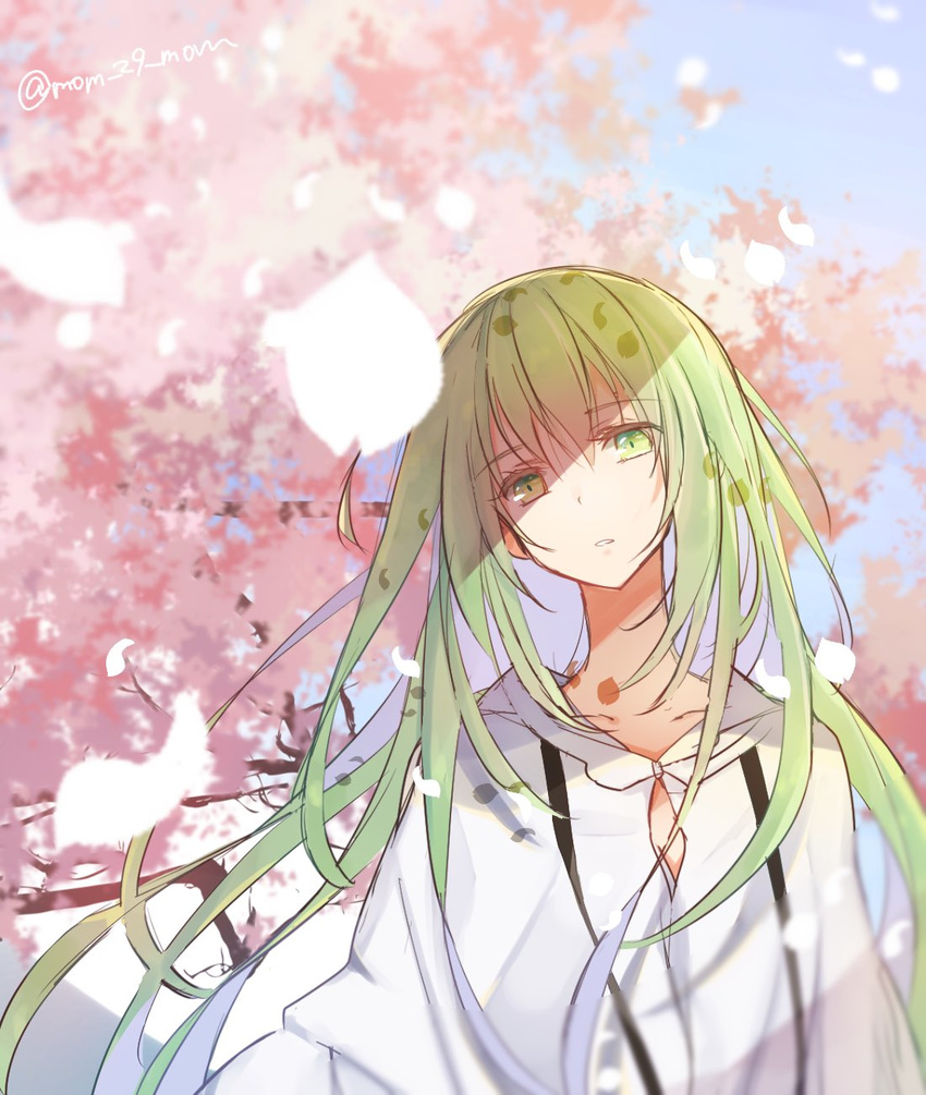 androgynous cherry_blossoms collarbone commentary_request enkidu_(fate) fate/strange_fake fate_(series) female gender_request green_eyes green_hair head_tilt highres long_hair looking_at_viewer mom_29_mom petals robe solo white_robe