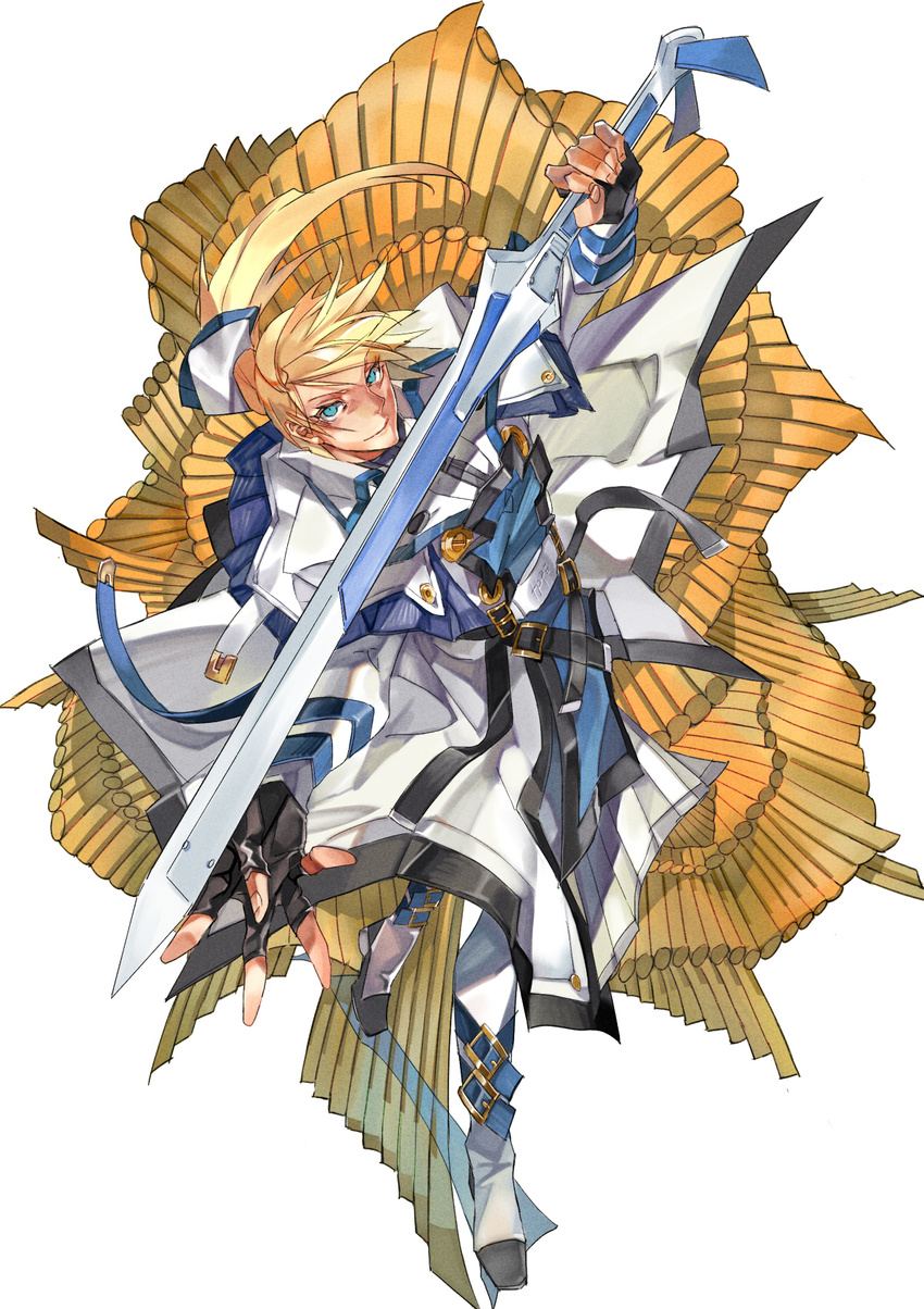 1boy blue_eyes boots commentary_request fighting_stance fingerless_gloves full_body gloves guilty_gear guilty_gear_xrd highres ky_kiske long_hair magnolia_eclair_ii male_focus min_(minyinr) ponytail smile solo sword uniform weapon