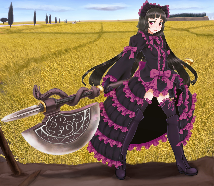 black_gloves black_hair black_thighhighs boots breasts commentary_request female frilled_thighhighs frills gate_-_jieitai_ka_no_chi_nite_kaku_tatakaeri gloves gothic_lolita halberd highres hime_cut huge_weapon knee_boots lolita_fashion long_hair long_skirt maid_headdress polearm purple_eyes rory_mercury scharfschutze showgirl_skirt skirt small_breasts solo thighhighs veil weapon wheat_field