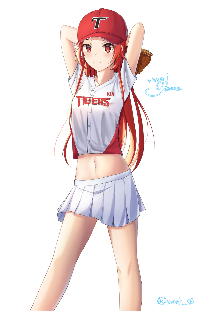 absurdres arms_up bad_id bad_pixiv_id baseball_cap baseball_mitt baseball_uniform blush breasts casual commentary_request dated dress_shirt female hat highres kbo_league kia_tigers long_hair looking_at_viewer medium_breasts midriff miniskirt navel pleated_skirt print_shirt red_eyes red_hair shirt short_sleeves signature simple_background skirt smile solo sportswear standing stomach sword_art_online sword_art_online:_alicization tiese_schtrinen twitter_username very_long_hair white_background white_shirt white_skirt woogi