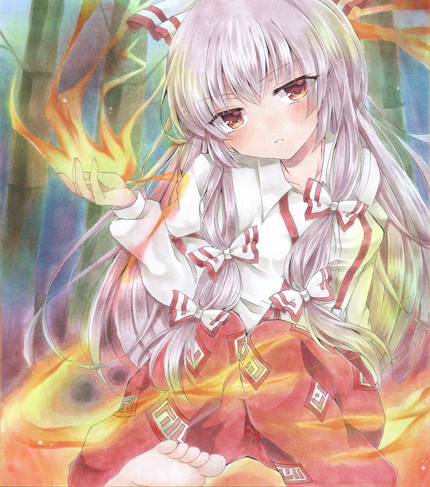 armband bamboo bamboo_forest barefoot blush commentary_request dress_shirt female fire flaming_hand forest fujiwara_no_mokou hair_ribbon highres knees_together_feet_apart light_purple_hair long_hair long_sleeves looking_at_viewer marker_(medium) millipen_(medium) nature ofuda outdoors pants parted_lips red_eyes ribbon shirt sitting solo touhou traditional_media very_long_hair yukkii_(yukkii710)