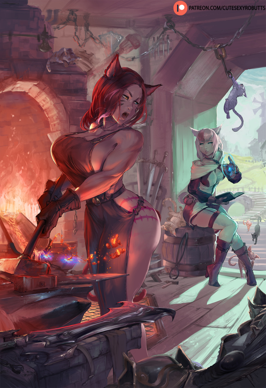 2girls animal_ears apron barrel belt_pouch blacksmith blacksmith_tongs blue_eyes book boots breasts brown_eyes brown_hair cat_ears chains cleavage commentary cutesexyrobutts dress english_commentary facial_mark fantasy feline final_fantasy final_fantasy_xiv forge furnace gloves hammer heterochromia high_heel_boots high_heels highres holding holding_book holding_hammer huge_breasts indoors kneehighs large_breasts lips long_hair long_sleeves looking_at_another looking_back miqo'te molten_metal multicolored_hair multiple_girls muscular naked_apron narrowed_eyes off_shoulder open_mouth patreon_username pink_hair pouch pulley sabrith_ebonclaw short_dress short_hair sitting sitting_on_object socks standing sword tattoo tayelle_ebonclaw thighhighs tongs too_many too_many_cats two-handed two-tone_hair unworn_armor v-shaped_eyebrows warrior_of_light_(ff14) weapon whisker_markings wooden_floor yellow_eyes