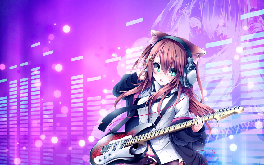 animal_ears aqua_eyes artist_request brown_hair gradient gradient_background guitar headphones instrument long_hair navel necktie original skirt solo striped_background tie tyaba_neko zoom_layer