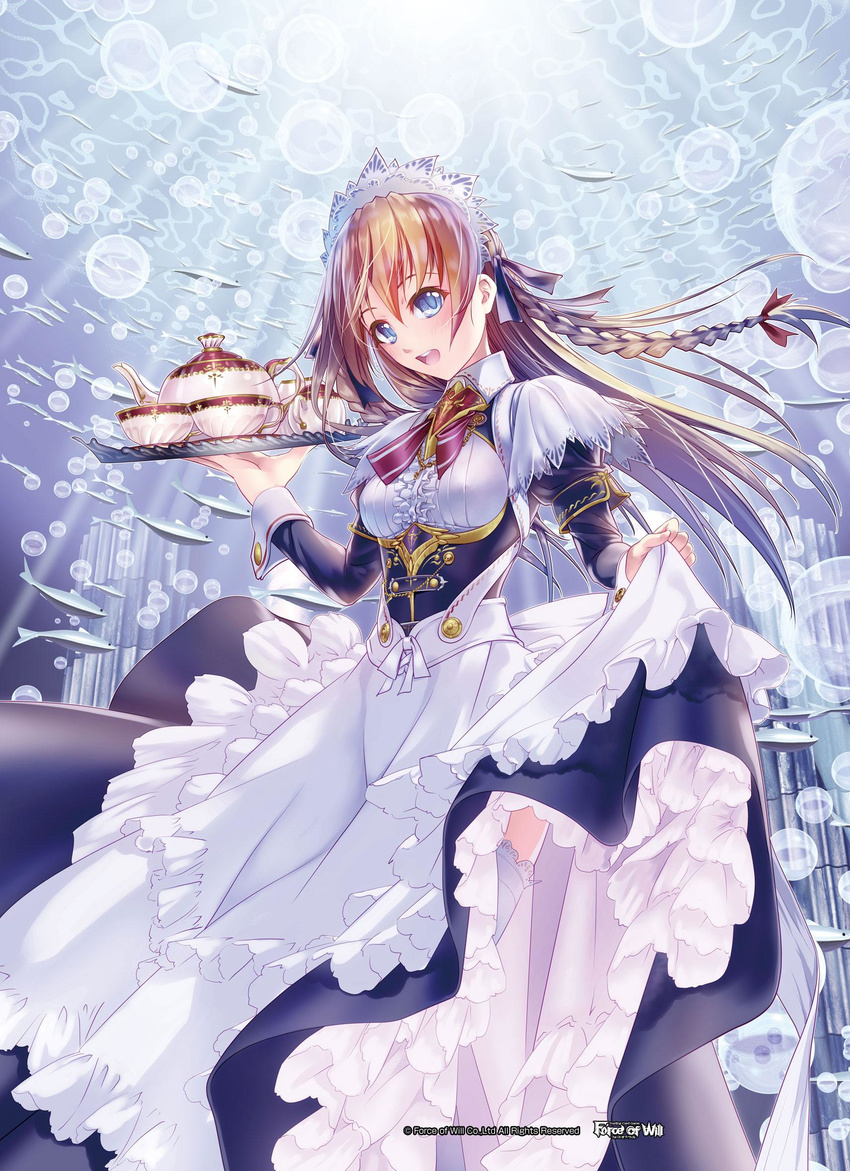 ad_yamada air_bubble apron blonde_hair blue_eyes blush bow braid bubble commentary_request copyright_name cup female fish force_of_will highres long_hair maid maid_apron maid_headdress official_art open_mouth solo teacup teapot teeth thighhighs underwater