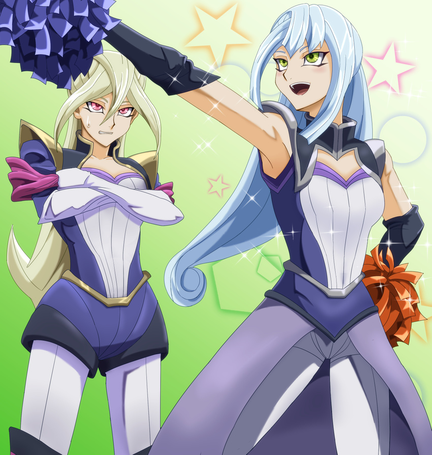 2girls blonde_hair gloria_tyler gloves grace_tyler green_eyes long_hair multiple_girls open_mouth pom_poms red_eyes siblings silver_hair smile tagme twins yu-gi-oh! yuu-gi-ou_arc-v