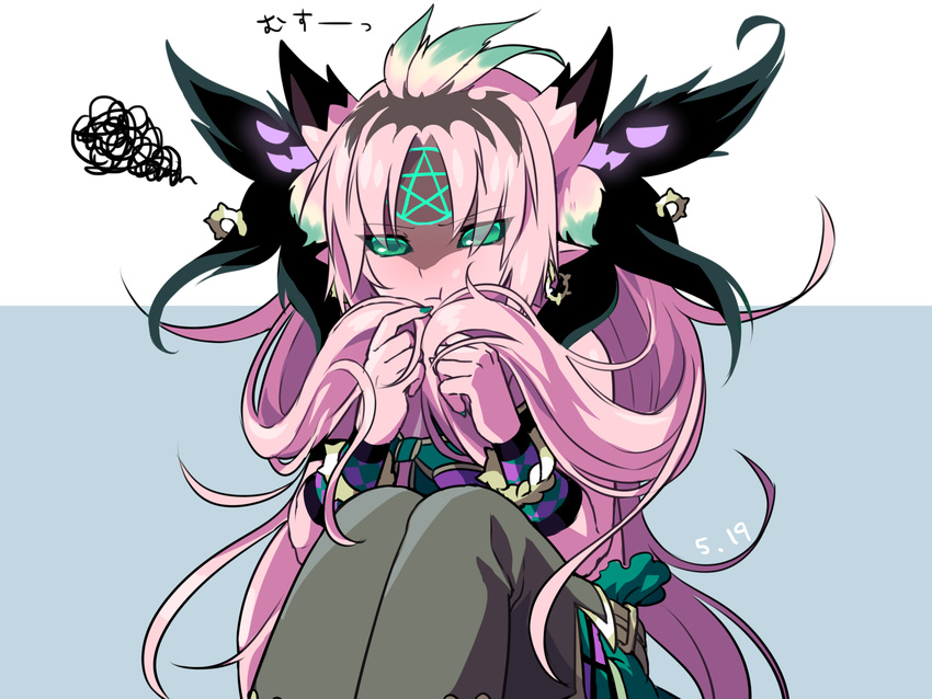 1boy bracelet cauchemar_(p&d) colored_skin commentary_request dated demon_boy demon_horns earrings green_eyes green_hair highres horns jewelry kozakura_(dictionary) long_hair male_focus multicolored_hair pentagram pink_hair pink_skin playing_with_own_hair pointy_ears pout puzzle_&_dragons sitting solo squiggle very_long_hair