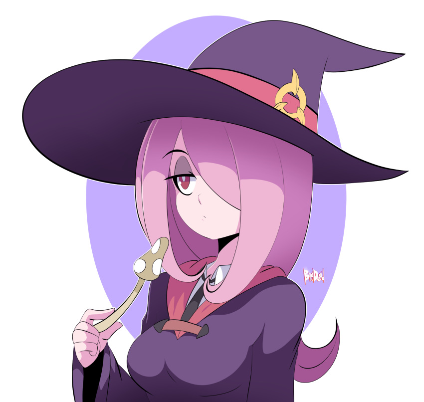 artist_name bigdead black_necktie breasts collar commentary eyeshadow female hair_over_one_eye half-closed_eyes hat hat_ribbon highres holding holding_mushroom light_purple_hair little_witch_academia long_hair long_sleeves makeup medium_breasts mushroom necktie outline red_eyes red_ribbon ribbon solo sucy_manbavaran upper_body white_outline witch witch_hat