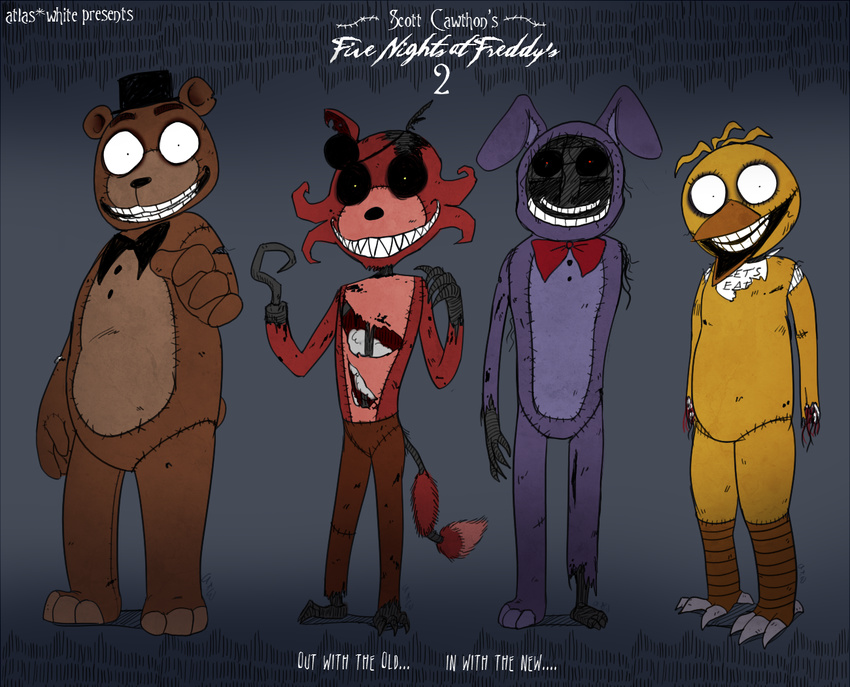 animatronic anthro atlas-white avian beak bear bib bird bow_(feature) bow_tie button_(fastener) canid canine chicken clothing english_text exposed_endoskeleton eye_patch eyewear female five_nights_at_freddy's five_nights_at_freddy's_2 fox galliform gallus_(genus) group hat headgear headwear hook lagomorph leporid machine male mammal phasianid rabbit red_eyes robot scottgames text wire withered_bonnie_(fnaf) withered_chica_(fnaf) withered_foxy_(fnaf) withered_freddy_(fnaf)