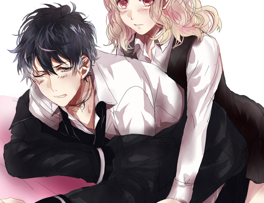 1boy arm_rest bent_over black_hair blonde_hair blush clenched_teeth diabolik_lovers ewmeto female jacket komori_yui looking_at_another looking_at_viewer loose_clothes mukami_ruki necklace necktie oerba_yun_fang one_eye_closed open_mouth pink_eyes role_reversal school_uniform sexually_suggestive shirt simple_background skirt tareme uniform white_background