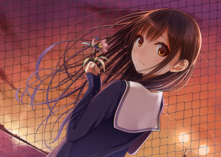 blue_serafuku brown_eyes brown_flower brown_hair chain-link_fence closed_mouth commentary_request dutch_angle female fence flower from_side hand_up holding holding_flower horizon kamchatka_lily kentaurosu long_hair long_sleeves looking_at_viewer looking_back orange_sky original outdoors sailor_collar school_uniform serafuku sky sleeves_past_wrists solo sunset upper_body white_sailor_collar wind